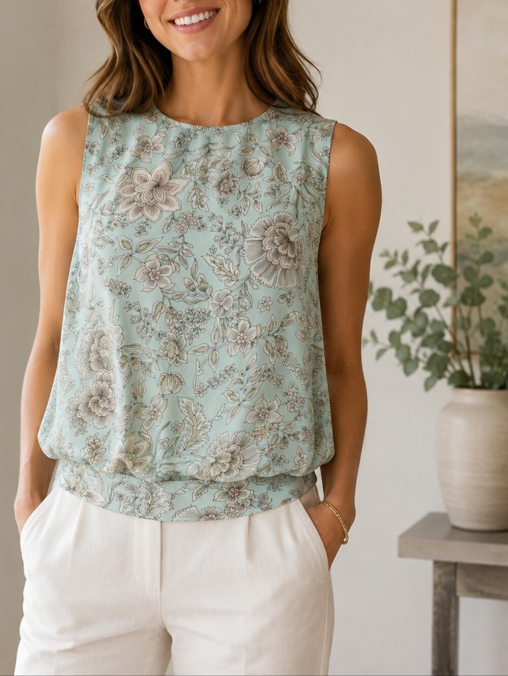 LOFT Mint Floral Sleeveless Top, xs
